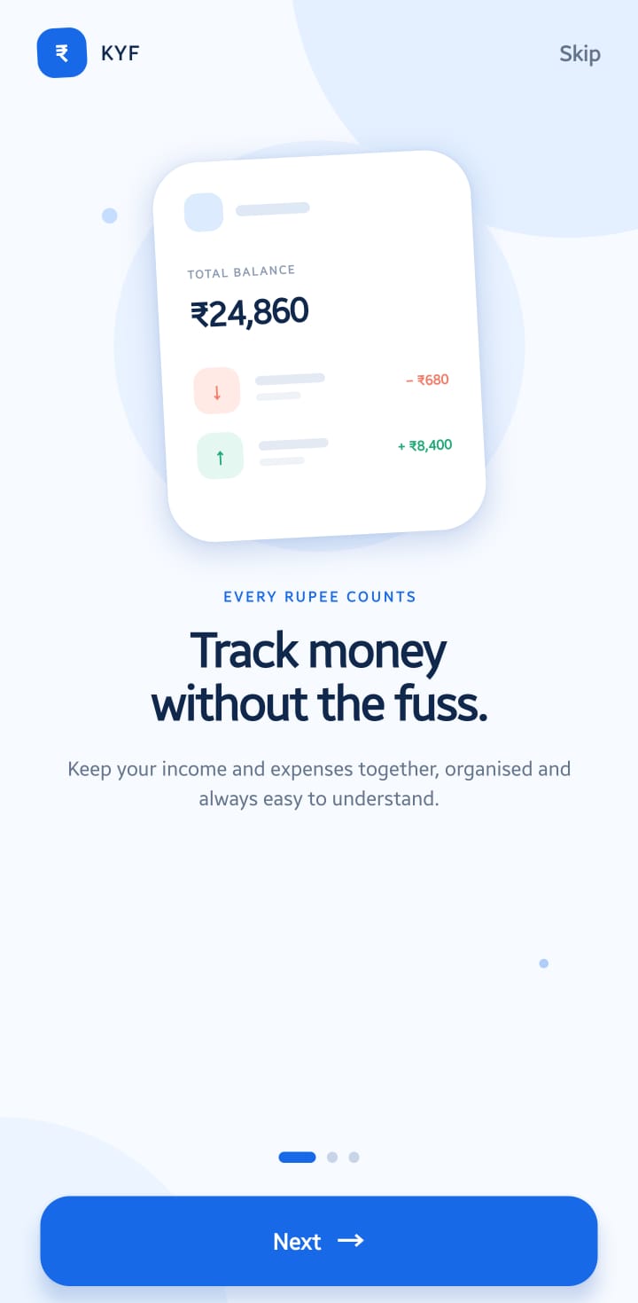 KnowYourFinance Web And App app screens, screenshot 1 of 9