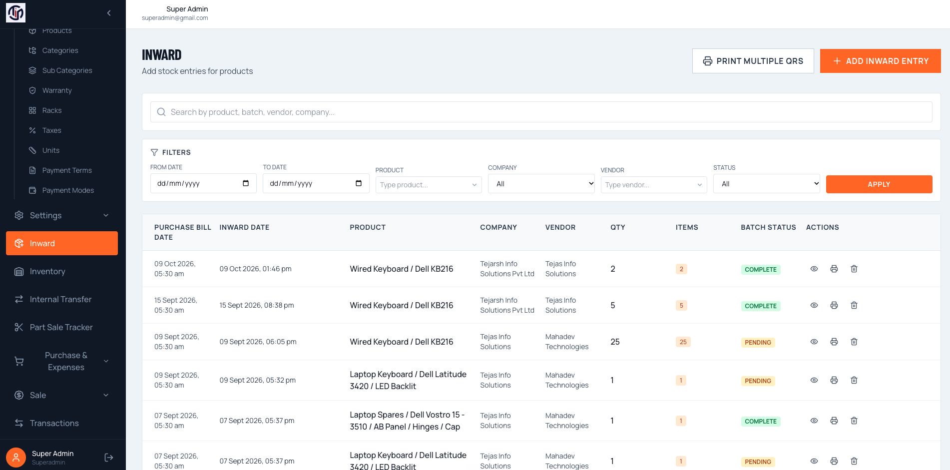 TejasInfo - Inventory Management Solution web screens, screenshot 6 of 7