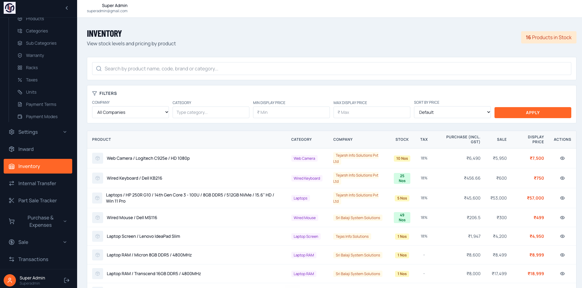 TejasInfo - Inventory Management Solution web screens, screenshot 7 of 7